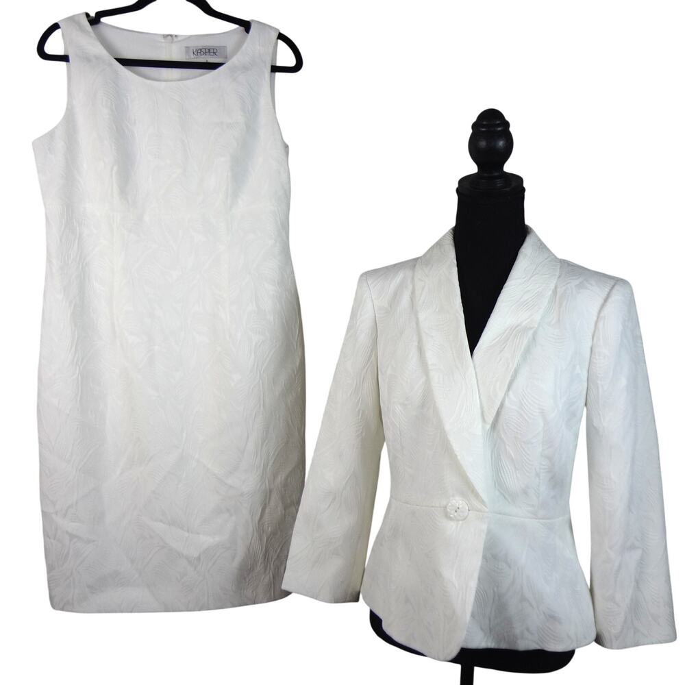 Kasper White Dress Suit Set Womens 8 Textured  Work Corporate Party Evening